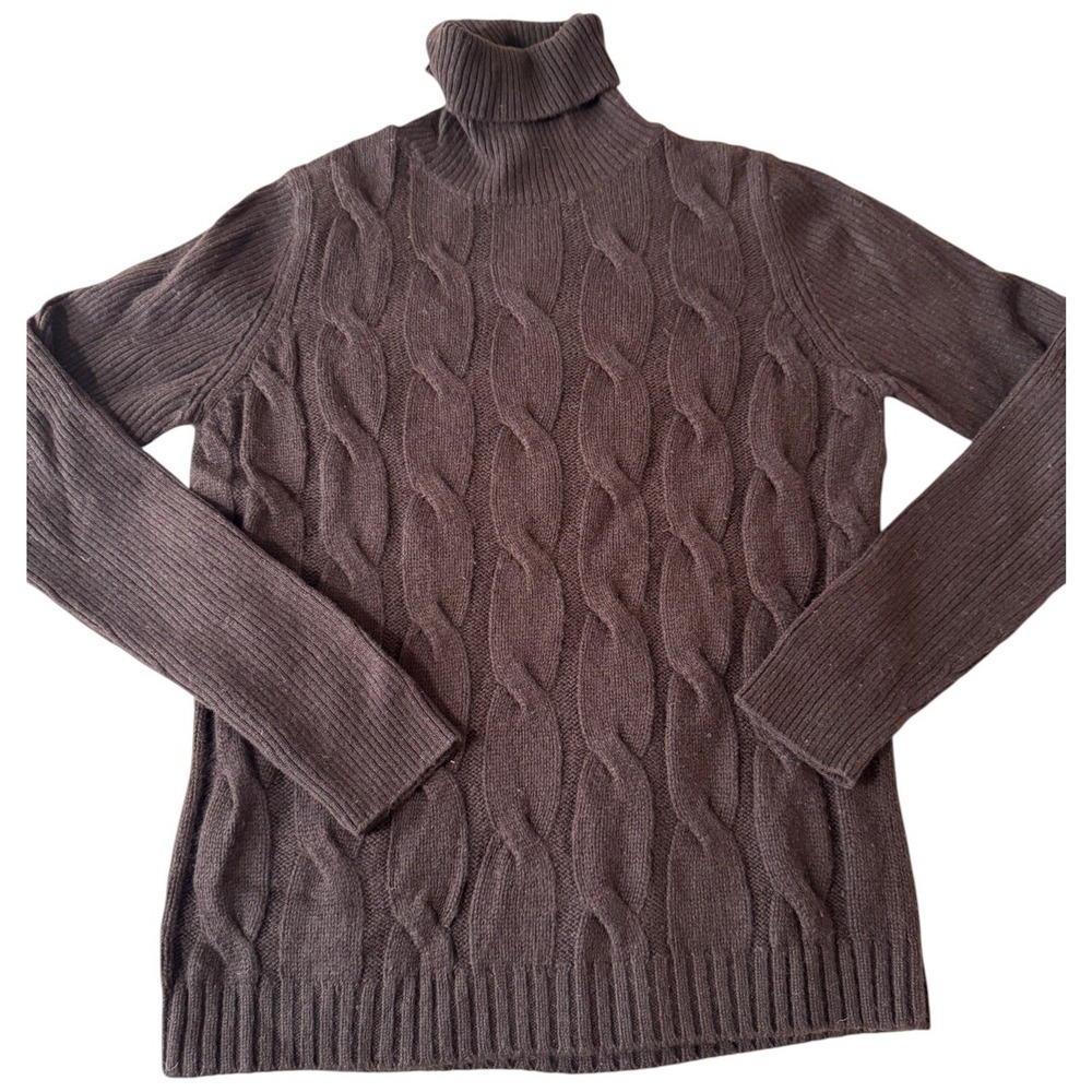 Wendy B Cashmere Chocolate Brown Cable Knit Turtleneck Sweater Pet Large Luxury